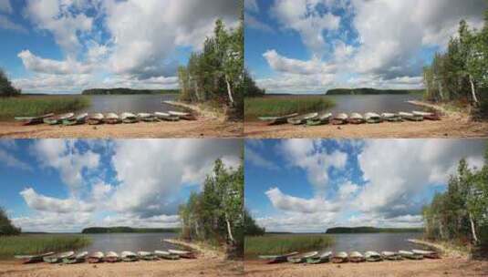 湖边一排小船高清在线视频素材下载