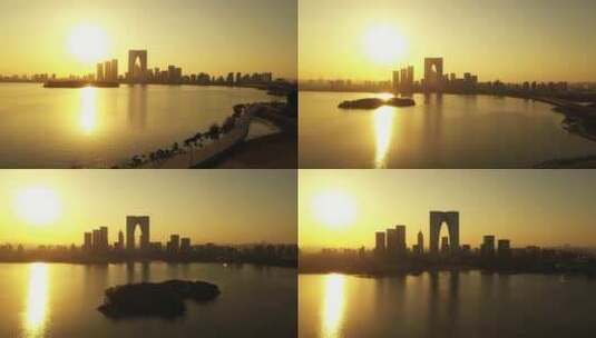 苏州工业园区东方之门城市建筑夕阳航拍4k高清在线视频素材下载