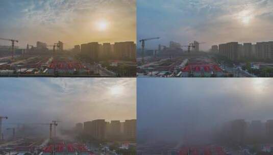 上海外高桥秋天日出、晨雾、地铁、塔吊建设高清在线视频素材下载