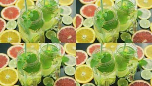 一杯柑橘柠檬水被放在桌面上高清在线视频素材下载