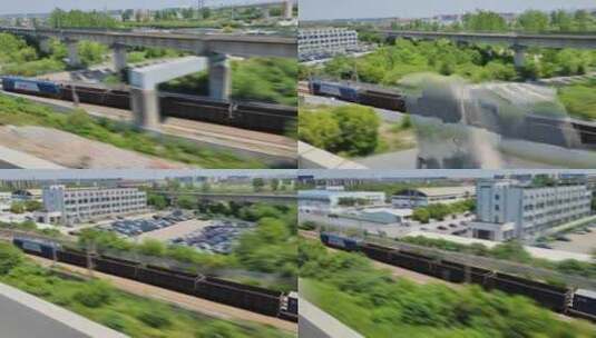 追焦拍摄上海南新铁路线的一列货运火车高清在线视频素材下载
