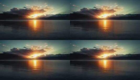 唯美湖泊夕阳落日航拍海面云彩风景高清在线视频素材下载