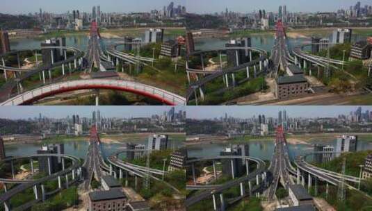重庆菜园坝长江大桥蓝天白云建筑城市航拍高清在线视频素材下载