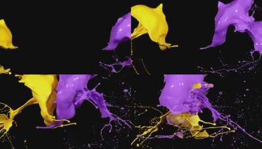 紫色黄色液体颜料泼洒碰撞飞溅高清在线视频素材下载
