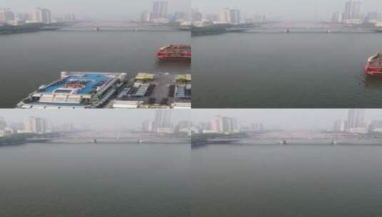珠江上的游轮码头航拍高清在线视频素材下载
