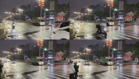 夜晚下雨天深圳市区道路红绿灯十字路口夜景高清在线视频素材下载