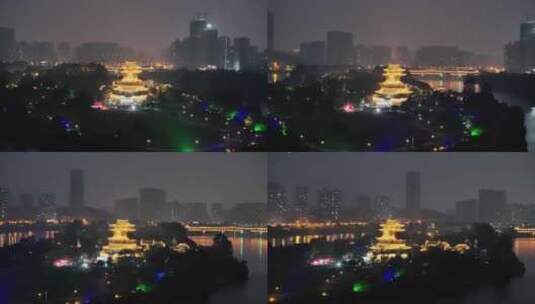 湖南省衡阳市东洲岛夫子楼夜景航拍高清在线视频素材下载