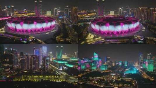 杭州城市地标风景夜晚夜景航拍风光美景浙江高清在线视频素材下载