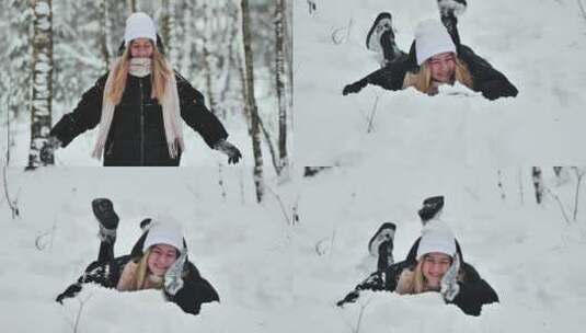 一个女孩在森林的冬天摔倒在雪地上高清在线视频素材下载