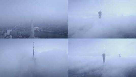 航拍云海中的广州塔一高清在线视频素材下载