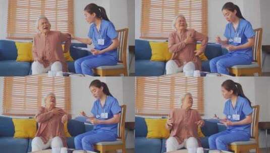 亚洲护理护士检查背痛的高级女性患者。高清在线视频素材下载