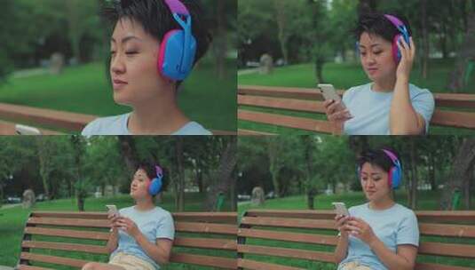 戴耳机在公园长椅上欣赏音乐的女人高清在线视频素材下载
