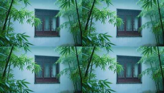 雨中古典窗户竹林意境江南水乡自然风景高清在线视频素材下载