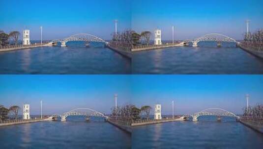 移轴延时上海临港新城滴水湖粉色桥高清在线视频素材下载