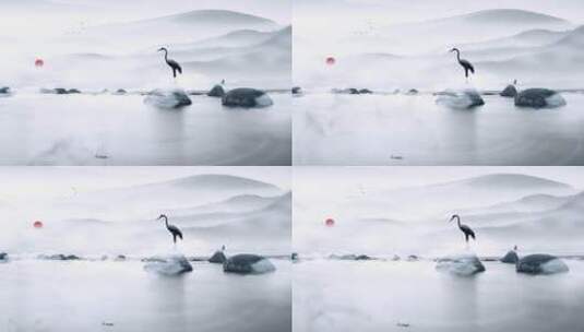 湖边飞鹤伫立水墨背景视频高清在线视频素材下载