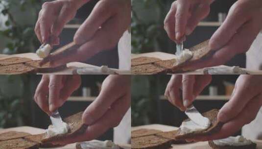 厨师将奶酪抹到面包片上高清在线视频素材下载