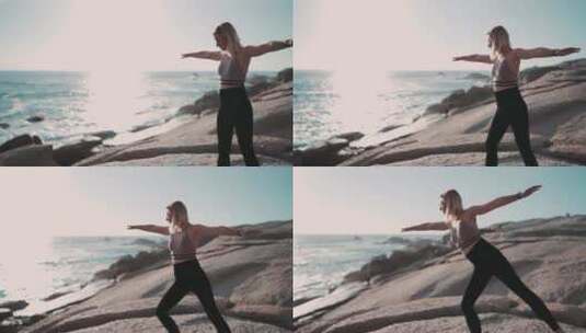 一个女人在海边做瑜伽高清在线视频素材下载