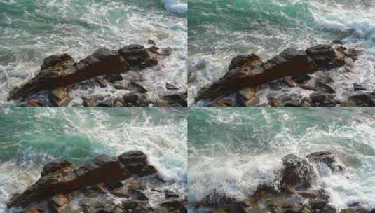 海水岸边石头浪花超级慢镜头高清在线视频素材下载
