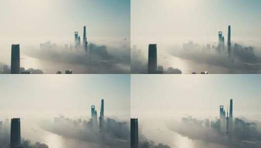 上海清晨平流雾航拍高清在线视频素材下载