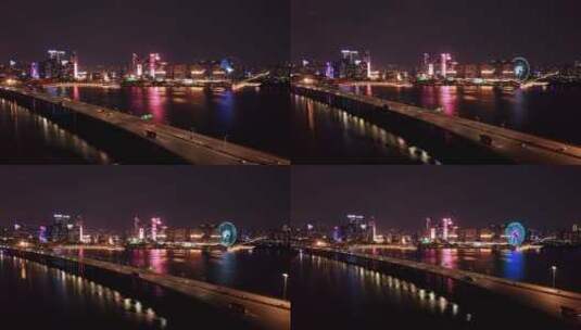 深圳宝安欢乐港湾摩天轮夜景大景拉远高清在线视频素材下载
