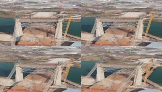 城市跨河大桥施工现场竖屏航拍高清在线视频素材下载