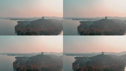杭州雷锋塔清晨航拍高清在线视频素材下载
