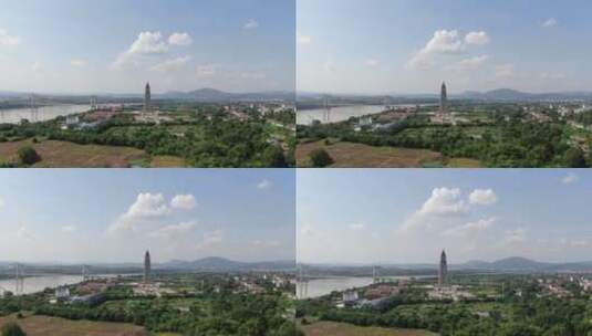 赣州和谐钟楼古浮桥航拍高清在线视频素材下载