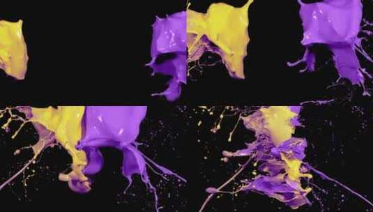 紫色黄色液体颜料泼洒融合飞溅高清在线视频素材下载