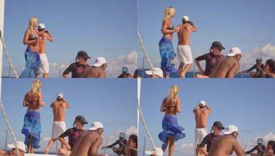 游艇出海聚会比基尼美女跳舞高清在线视频素材下载