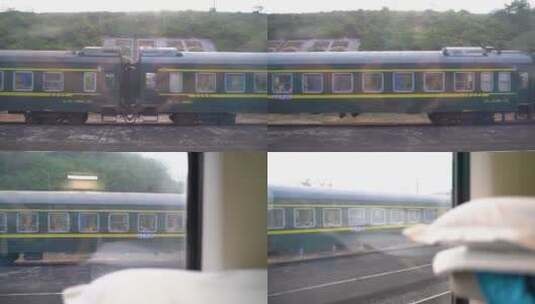 透过火车车窗看窗外的绿皮火车高清在线视频素材下载