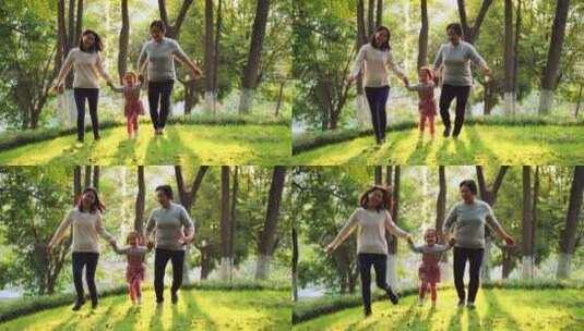 奶奶妈妈和小宝宝在秋天公园玩耍牵手奔跑高清在线视频素材下载