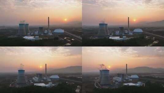 夕阳下的火力发电站高清在线视频素材下载