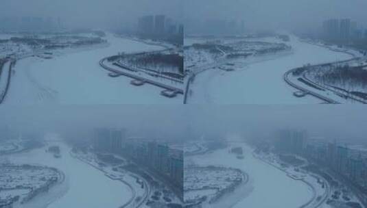 航拍冬季河面湖面 雪后城市湖面结冰高清在线视频素材下载