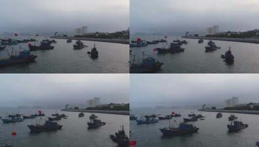 航拍山东威海海源公园市场渔船风光高清在线视频素材下载