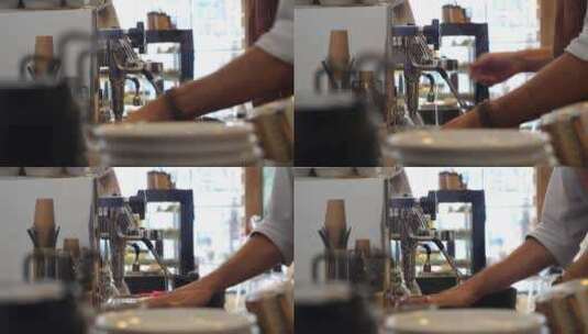 咖啡师的手清洗咖啡机特写高清在线视频素材下载