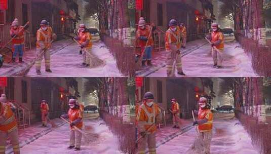 辽宁沈阳环卫工人冬季夜晚清扫道路积雪高清在线视频素材下载