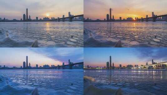 冬季城市傍晚日落太阳下山延时摄影高清在线视频素材下载