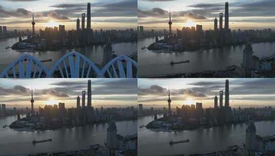 上海陆家嘴天际线日出航拍高清在线视频素材下载