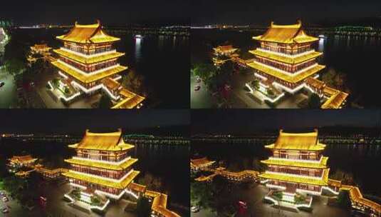 湖南长沙杜甫江阁湘江夜景航拍高清在线视频素材下载