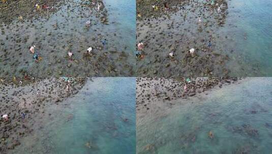 航拍三亚情人湾礁石滩赶海人群高清在线视频素材下载