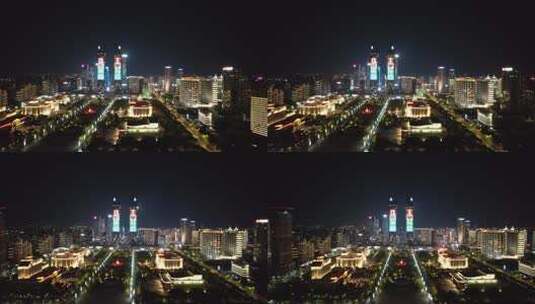 航拍江西南昌双塔红谷滩行政广场夜景高清在线视频素材下载