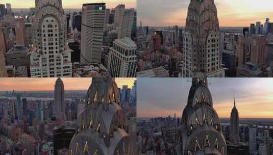 城市航拍克莱斯勒大厦黄昏夜景纽约摩天大楼高清在线视频素材下载
