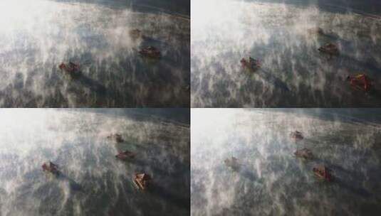 鸟瞰美洪山湖边班拉克泰国华人村的日出与雾高清在线视频素材下载