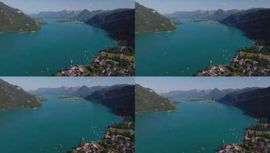 沃尔夫冈湖畔城镇的空中弧形视图高清在线视频素材下载