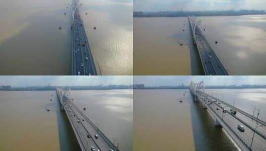 杭州钱塘江九堡大桥俯视车流航拍高清在线视频素材下载
