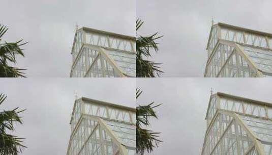 都柏林植物园温室的角度视图，天空阴云密布高清在线视频素材下载