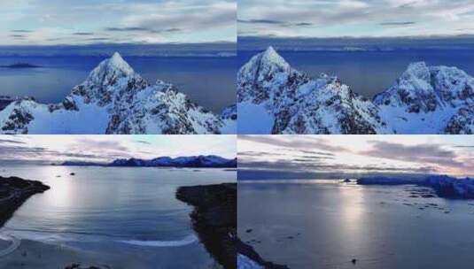 4K航拍挪威罗弗敦群岛雪山蓝湖风光高清在线视频素材下载