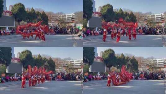 集市公园人群围观民间舞龙演绎表演1高清在线视频素材下载