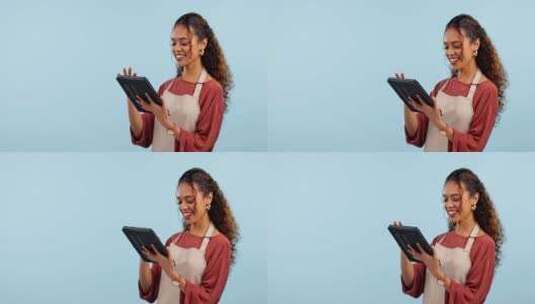 咖啡馆女服务员、女性和平板电脑，用于商业高清在线视频素材下载