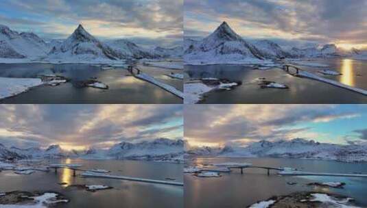 挪威罗弗敦群岛北极圈雷纳冬季雪景高空航拍高清在线视频素材下载